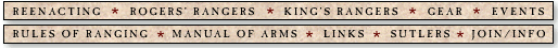 reenacting|rogers rangers|king's rangers|gear|events|rules of ranging|manual of arms|links|sutlers|info